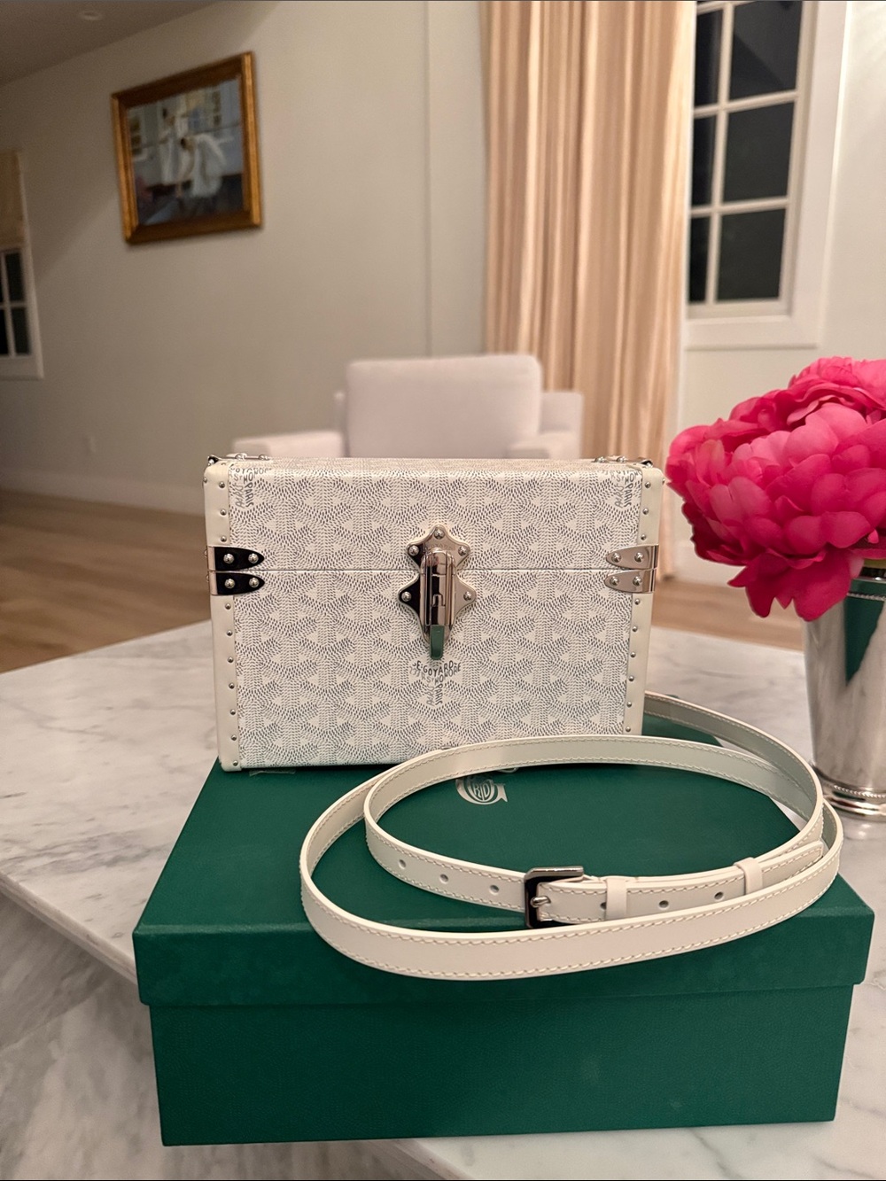 Goyard White Mini Trunk Crossbody Box Bag
